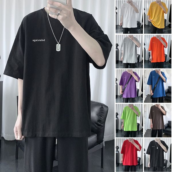 

summer fashion brand solid color short men's korean loose basic versatile t-shirt student's quarter sleeve, White;black