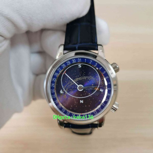 

super quality men watch 6102p-001 44mm blue planet dial alligator leather strap cal.240 lu cl c movement mechanical transparent automatic me, Slivery;brown