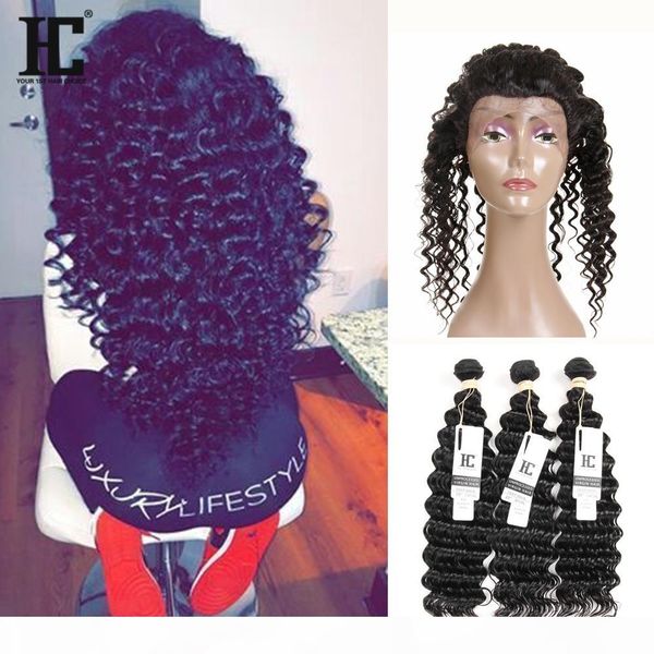 

hc hair 360 lace frontal with bundles brazillian deep wave curly hair weaves with pre plucked 360 lace frontal 4pcs lot, Black;brown