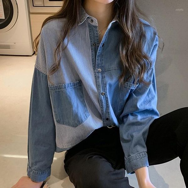 

spring pocket lapel long sleeve women jeans shirt blouse drop shoulder blue shirts casual loose-fit bf denim shirts blusas1, White