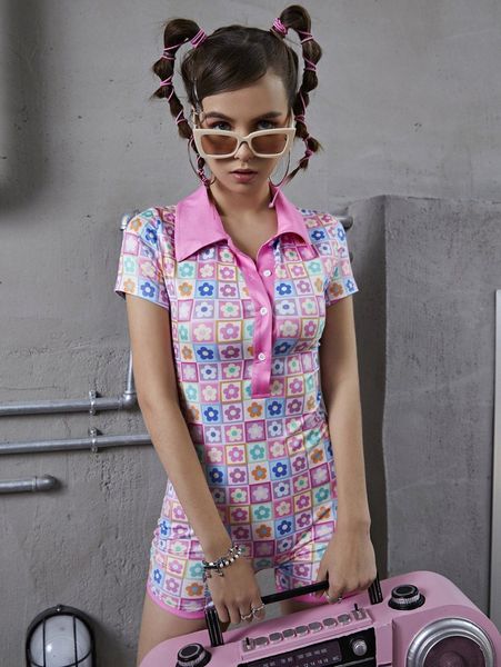 

allover floral print contrast collar romper e0tz#, White