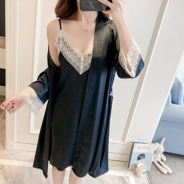 

summer navy blue 2pcs kimono robe gown suit female lace trim bathrobe v-neck backless nightdress satin lounge home dress1, Black;red