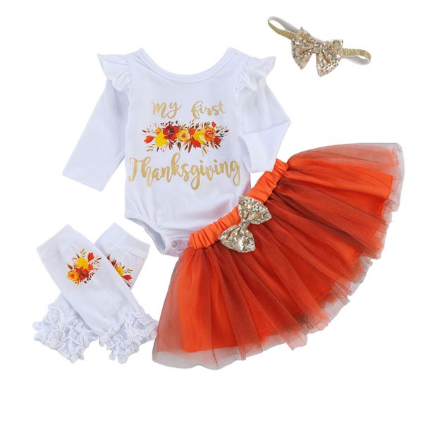 

girls thanksgiving clothes baby set letter print o-neck + solid color tutu skirt + ruffle leg sleeve + bow-knot headband 1021, White