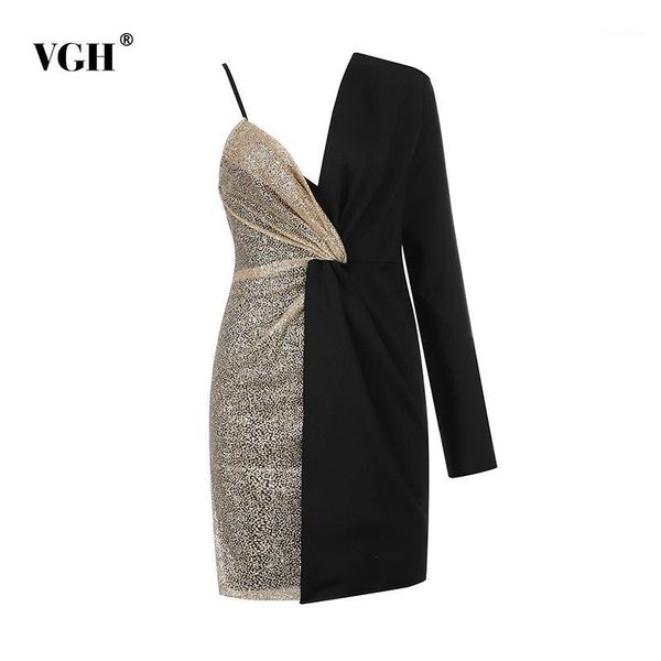 

vgh patchwork hit color dress for women v neck one shoulder asymmetrical sequined slim mini dresses female fashion new 2020 tide1, Black;gray