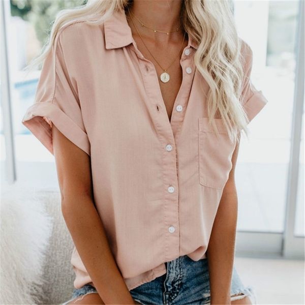 

women's shirt summer women's blouses shirt feminine blouse summer short sleeve female blouse turn-down collar button shirt y200622, White