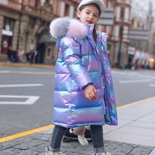 

down coat fashion jacket for girl warm child parka real colored fur collar thicken outerwear winter clothes teen 5-16 yrs snowsuit, Blue;gray