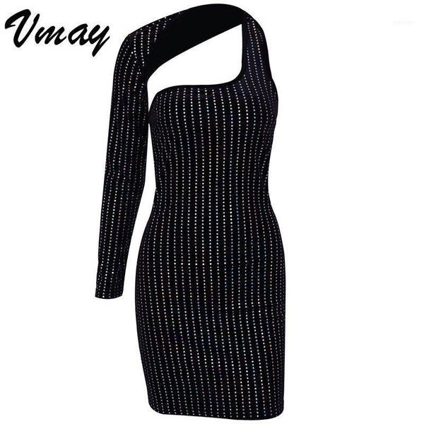 

vmay studded diamond dress reflective irregular one-shoulder long-sleeved bag hip dress 2019 spring solid mini11, Black;gray