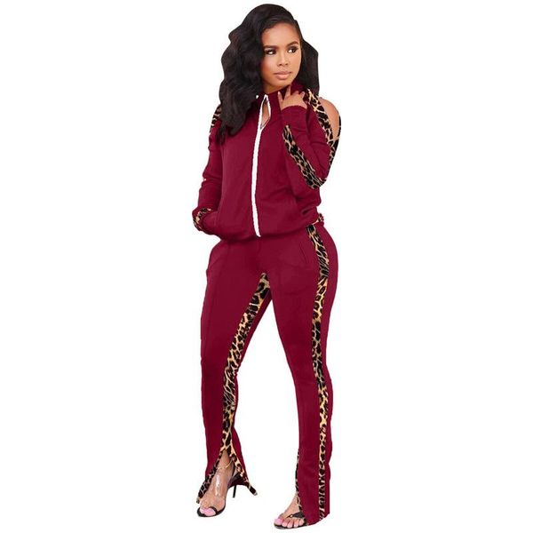 

women's tracksuits 2021 fall accessories women 2 piece set pink jacket split hem pants cold shoulder zip up v neck long sleeve leopard, Gray
