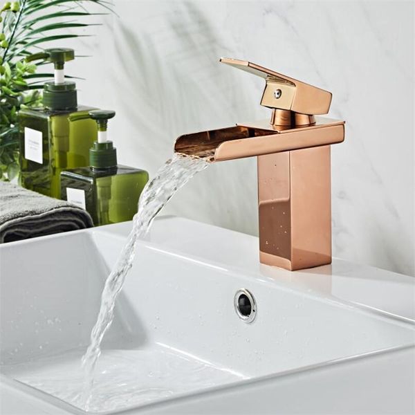 

wholesale and retail deck mount waterfall bathroom faucet vanity vessel sink mixer tap cold and water tap rose gold faucets