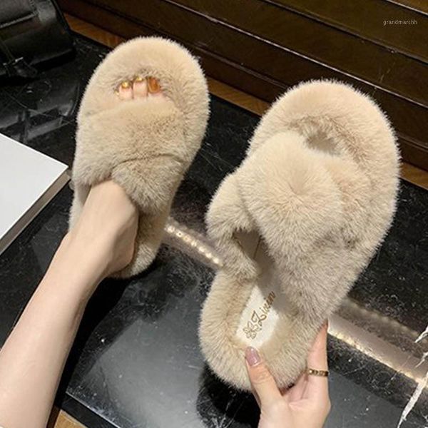 

slippers cross band warm fur women sandals cozy velvet pantufa shoes furry flip flops comfortable plush flat slides 20211, Black