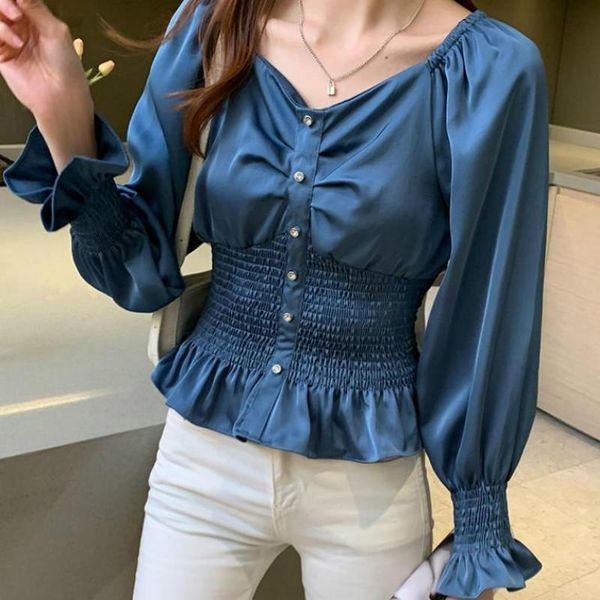 

spring new style v-neck collect waist shirt female autumn puff sleeve solid blouse women office ladies fashion temperament, White