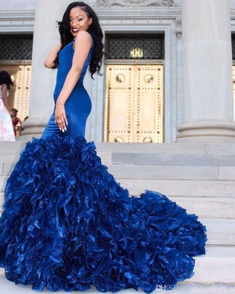 

2022 royal blue prom dress evening gowns deep v neck sleeveless mermaid ruffles organza skirt formal party wear vestidos de fiesta robe soir, Black