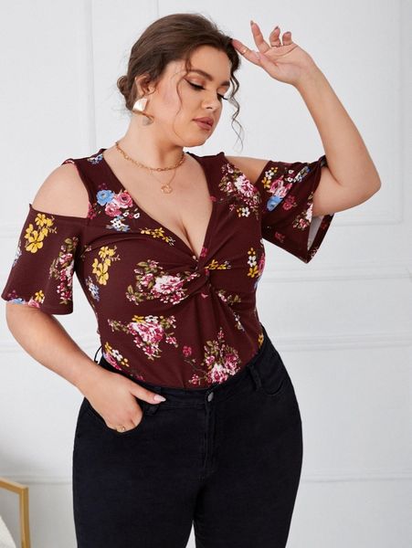 

plus cold shoulder twist front floral print q07m#, Black