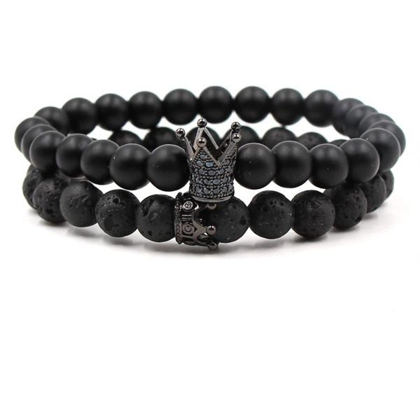 

charm bracelets 2pcs beaded bracelet black magma natural stone crown energy men and women 2021 fashion couple jewelry gifts, Golden;silver