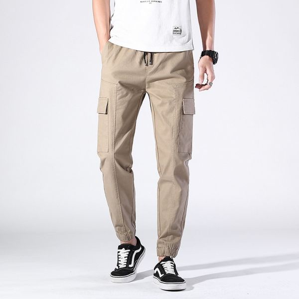 

new men's four seasons tight casual overalls casual pants cotton elastic waist corset pants solid color elastic multi bag overalls for, Blue