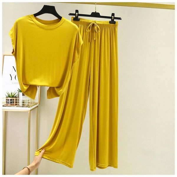 

2020 summer fashion women suit female modal round neck batwing sleeve two-piece set wide leg pants casual clothing outfits y259, Gray