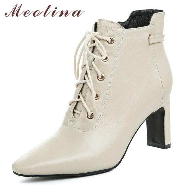 

meotina autumn ankle boots women natural genuine leather chunky high heel short boots zip square toe shoes ladies winter size 39, Black