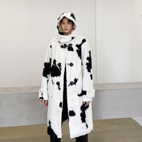 

men's trench coats male women streetwear vintage loose cloak jacket men winter warm faux lambswool fur thicken hooded long coat outerwe, Tan;black