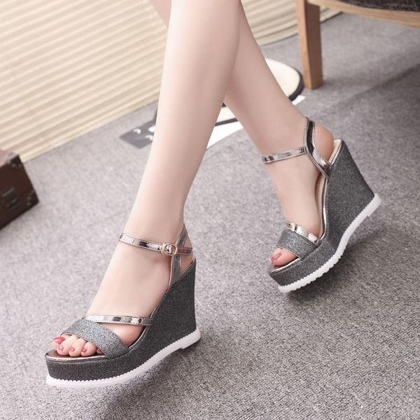 

sandals women wedges shoes platform summer high heels bling wedding party silver, Black