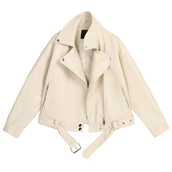 

2021 new spring autumn jacket women faux leather coat with belt streetwear warm turndown collar outwear t8xv, Black