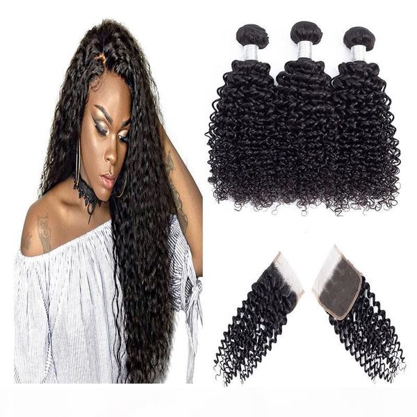 

brazilian human hair extensions with 4x4 part hair closure curly wave 100% unprocessed human hair weaves black color 8-28inch