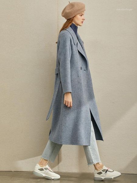 

amii winter women elegant woolen coat vintage female double-sided turn down collar long jacket 119705411, Black