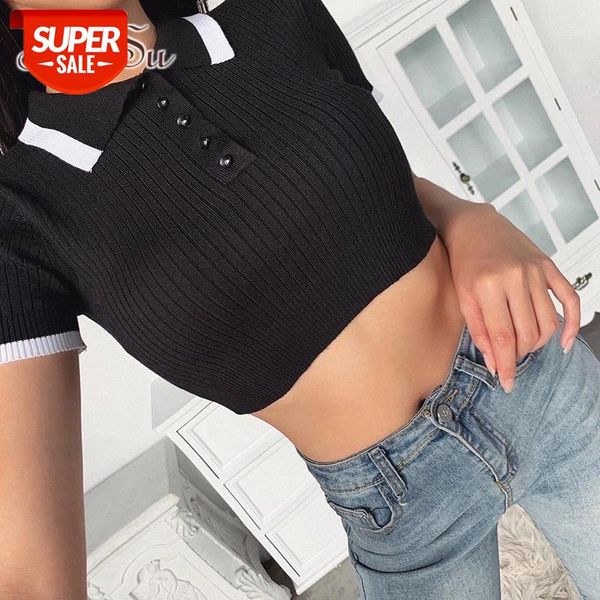 

artsu women's t shirt splice short sleeve crop black slim turn down collar summer casual streetwear tee asts52107 #ji2v, White