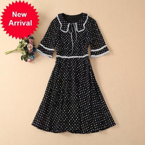 

new runway 2021 will see new upscale woman of vintage lace black polka dots midi a-line short lapel neck dress party atv1, Black;gray