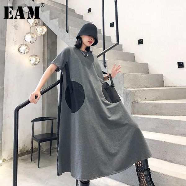 

eam] women dot pinrted back pleated big size dress new round neck short sleeve loose fit fashion tide spring summer 2020 1t4591, Black;gray