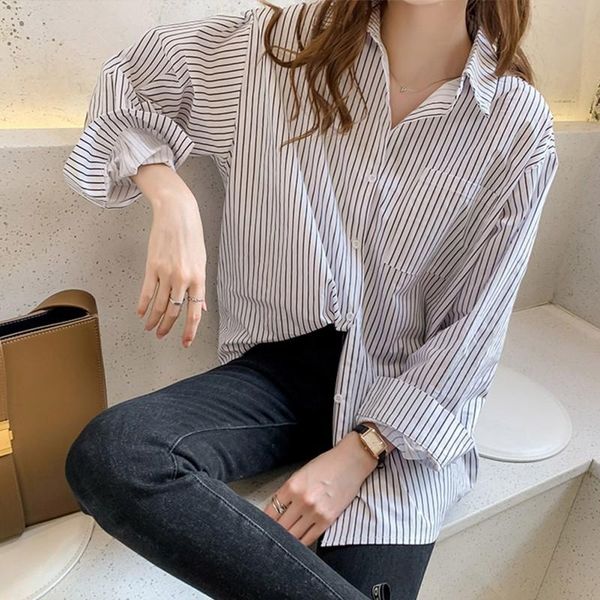 

fashion new women striped turn-down collar mid-length blouses casual loose lapel shirts, White