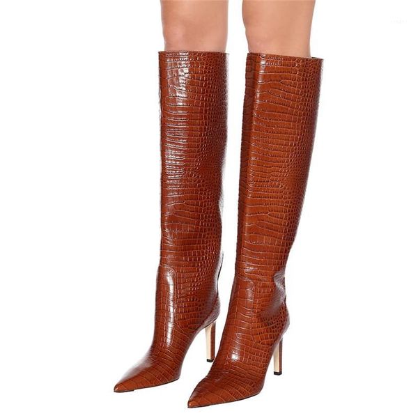 

boots fashion plaid knee high long pointy toe wide calf slip on winter women heel stiletto stone print runway1, Black
