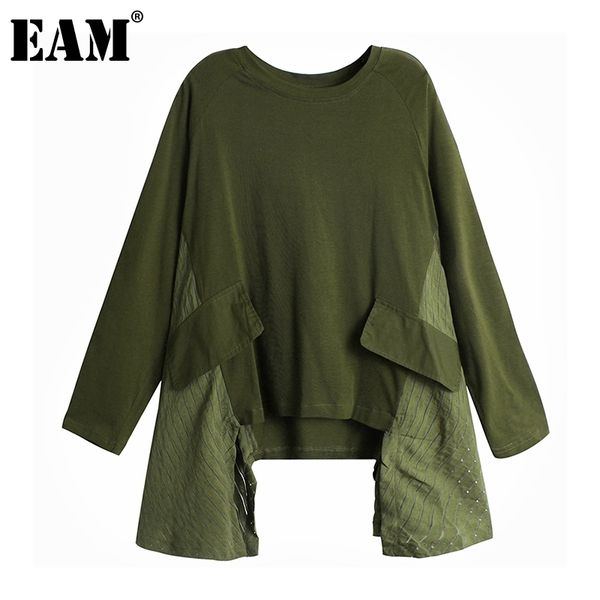 [EAM] Frauen Armee Grün Unregelmäßige Split Große Größe T-shirt Neue Rundhals Langarm Mode Flut Frühling Herbst 1Z450 201125