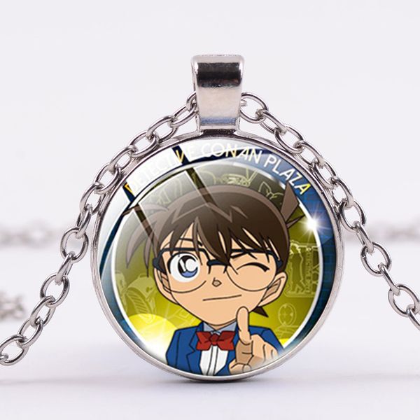 

detective conan case closed necklace cartoon jewelry glass cabochon pendant chain necklace cosplay lover gifts men women, Silver