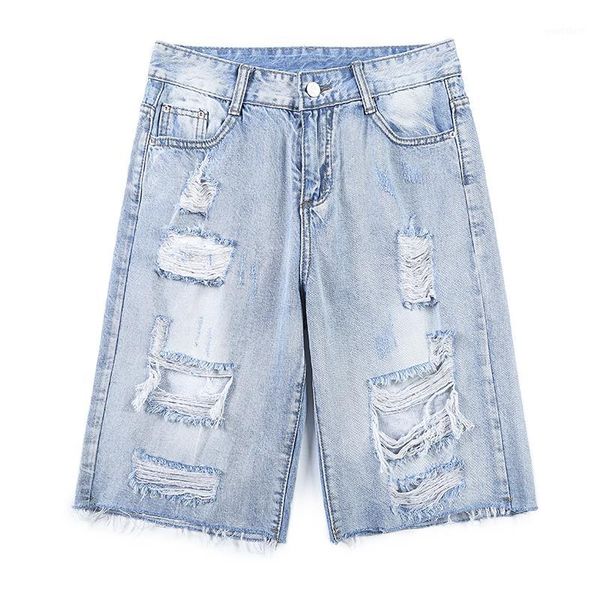 

european fashion girls short jeans big holes vintage wash frayed hem cotton short jeans summer women design1, Blue