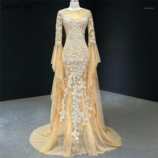 

gold mermaid long sleeve dubai evening dresses 2020 o-neck beading handmade flowers formal dress serene hill hm670581, White;black