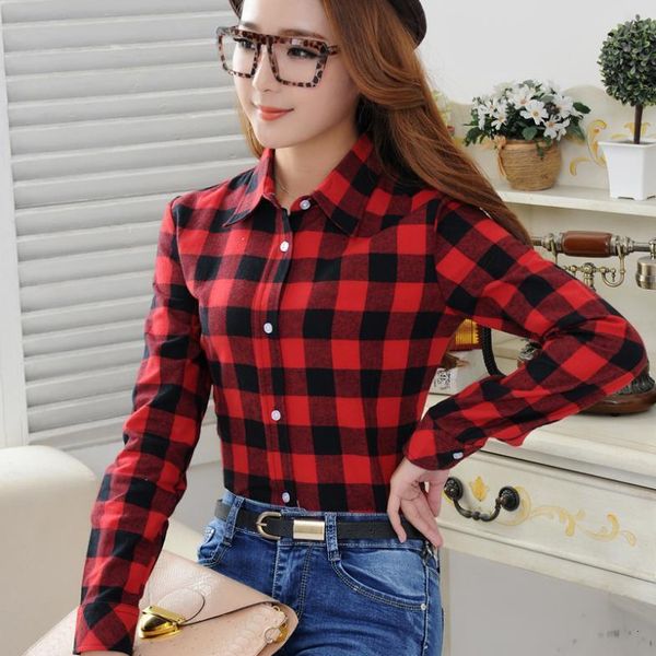 

2020 spring new fashion casual lapel plus size blouses women plaid shirt checks flannel shirts female long sleeve blouse, White