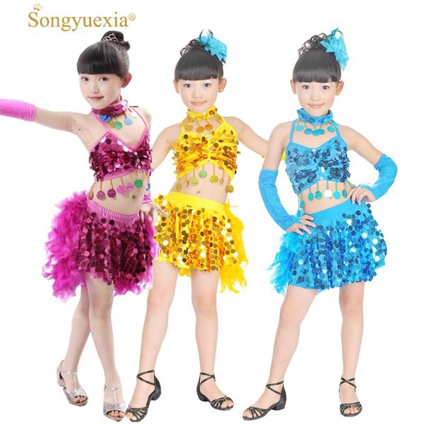 

songyuexia children new feather dance costumes sequin latin dress children for kids girl skirt stage dance costumes, Black;red