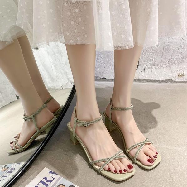 

cross band thick heel sandals women office high heel ankle buckle sandals summer shoes women open toe high heels beige green1, Black