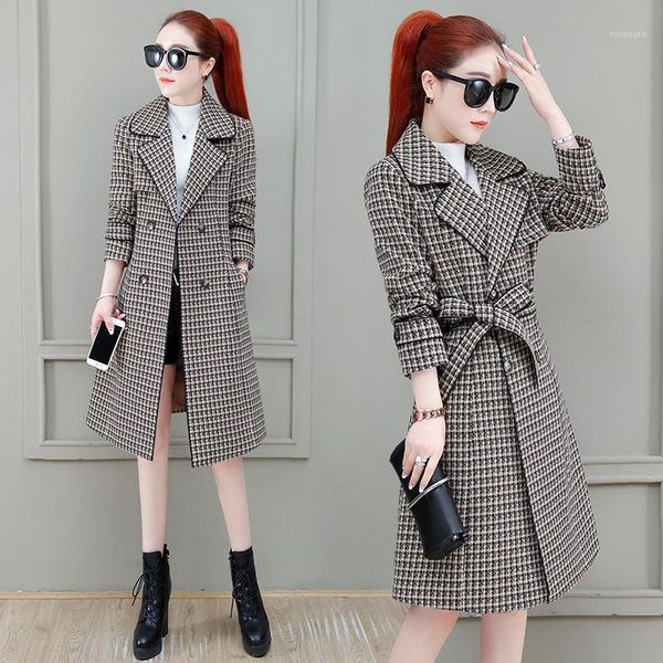 

w632078 large winter woolen coat women 2020 new lapel slim plaid cotton mid length coat1, Black