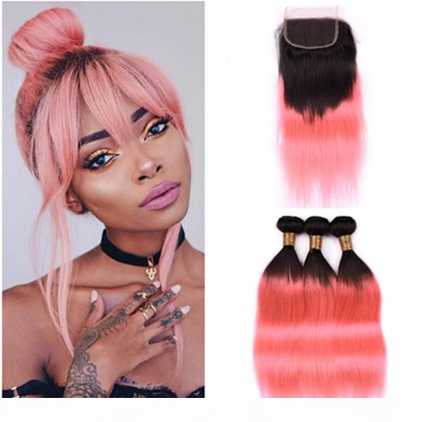 

#1b rose gold ombre straight human hair 3bundles and closure 4pcs lot ombre pink brazilian human hair weave wefts with 4x4 lace closure, Black