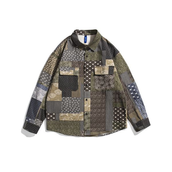 

forn3 2021 spring new lapel shirt street trend ethnic style splicing casual shirt men, White;black