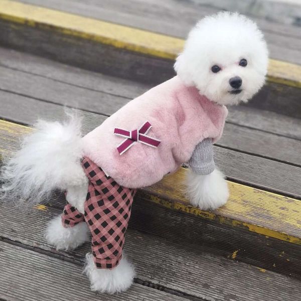 

aimeng's new autumn and pet dog knitted lattice four legged two piece teddy bear warm winter cloth
