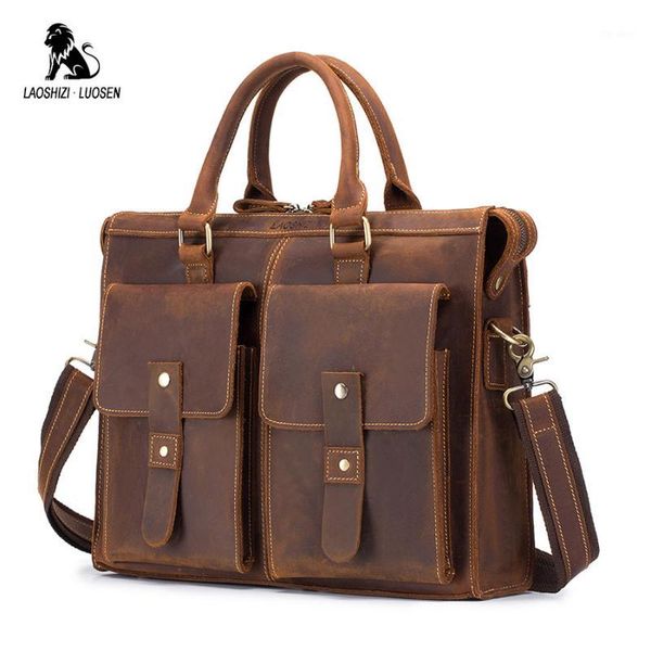 

briefcases laoshizi luosen men's briefcase handbag crazy horse genuine leather messenger travel bag business men tote bags1