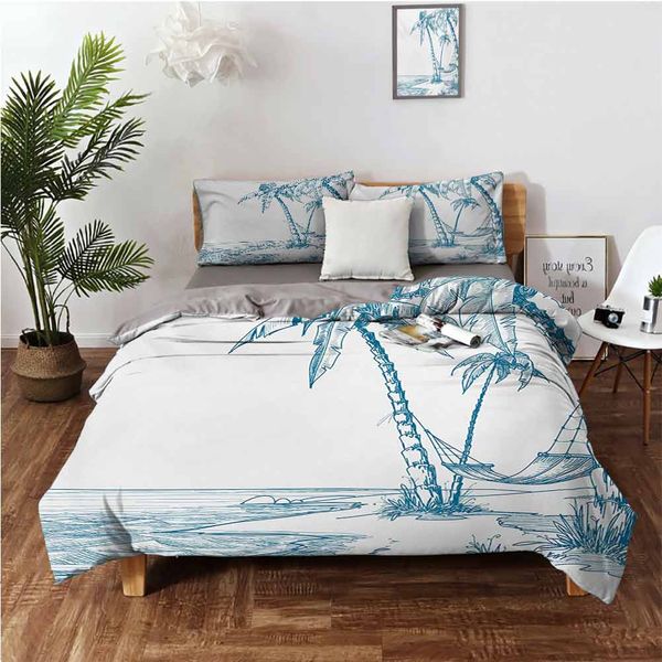 

modern illustration of a tropical beach with palm trees and hammock hawaiian relaxbedding 3-piece set