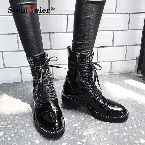 

women genuine leather ankle boots round toe lace up black platform riding boots warm winter nigh club punk shoes woman shoes