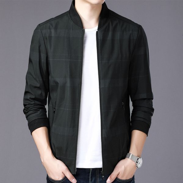 

2021 spring and autumn jacket long sleeve korean plaid baseball collar fashion zipper new men's casual coat, Black;brown