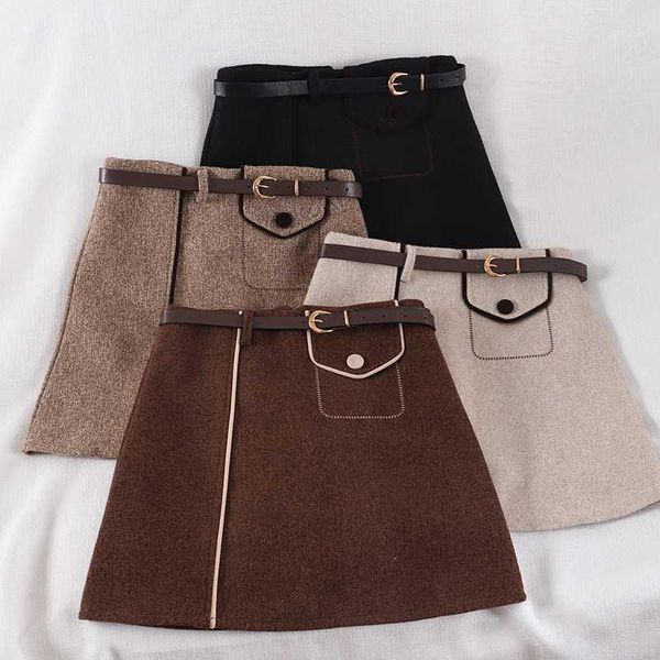 

woolen plaid button mini skirts a line england style ladies gray 2020 summer quality zipper pocket wool short skirt faldas1, Black