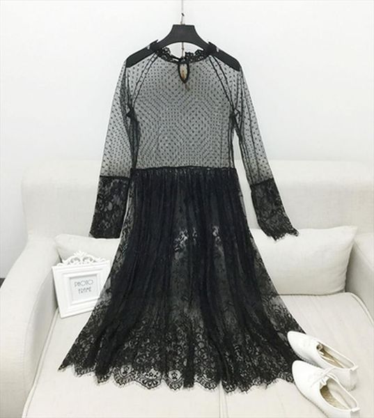 

women transparent lace mesh dress long sleeve female chic see through dress party club dresses vestidos beach cover up, Black;gray