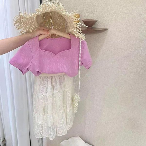 

summer girls 2 pcs set baby tee shirt + skirt kids suits children fashion clothes u neck solid lace tutu embroidery 3 to 8 yrs1, White