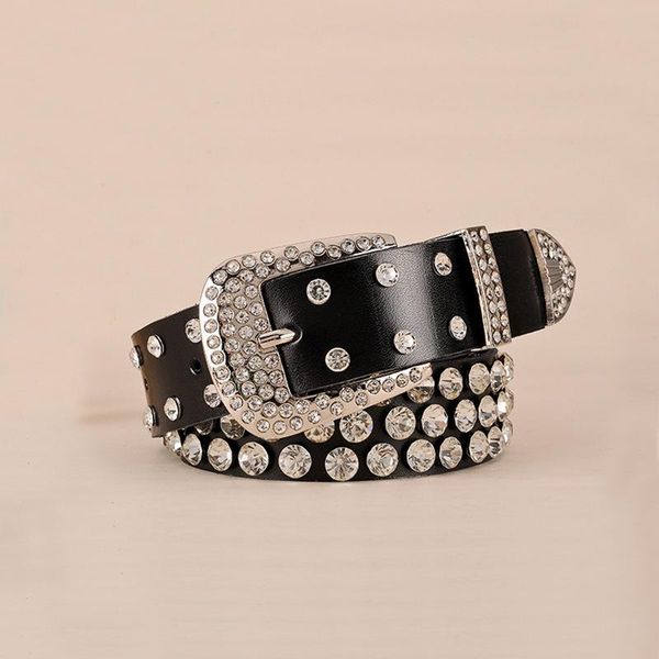 

colle crystal belts for women fashion punk waistband leather diamond belt cowhide black, Black;brown